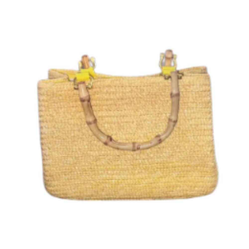 Chic Croft & Barrow Straw Handbag with Bamboo Handles & Polka Dot Lining